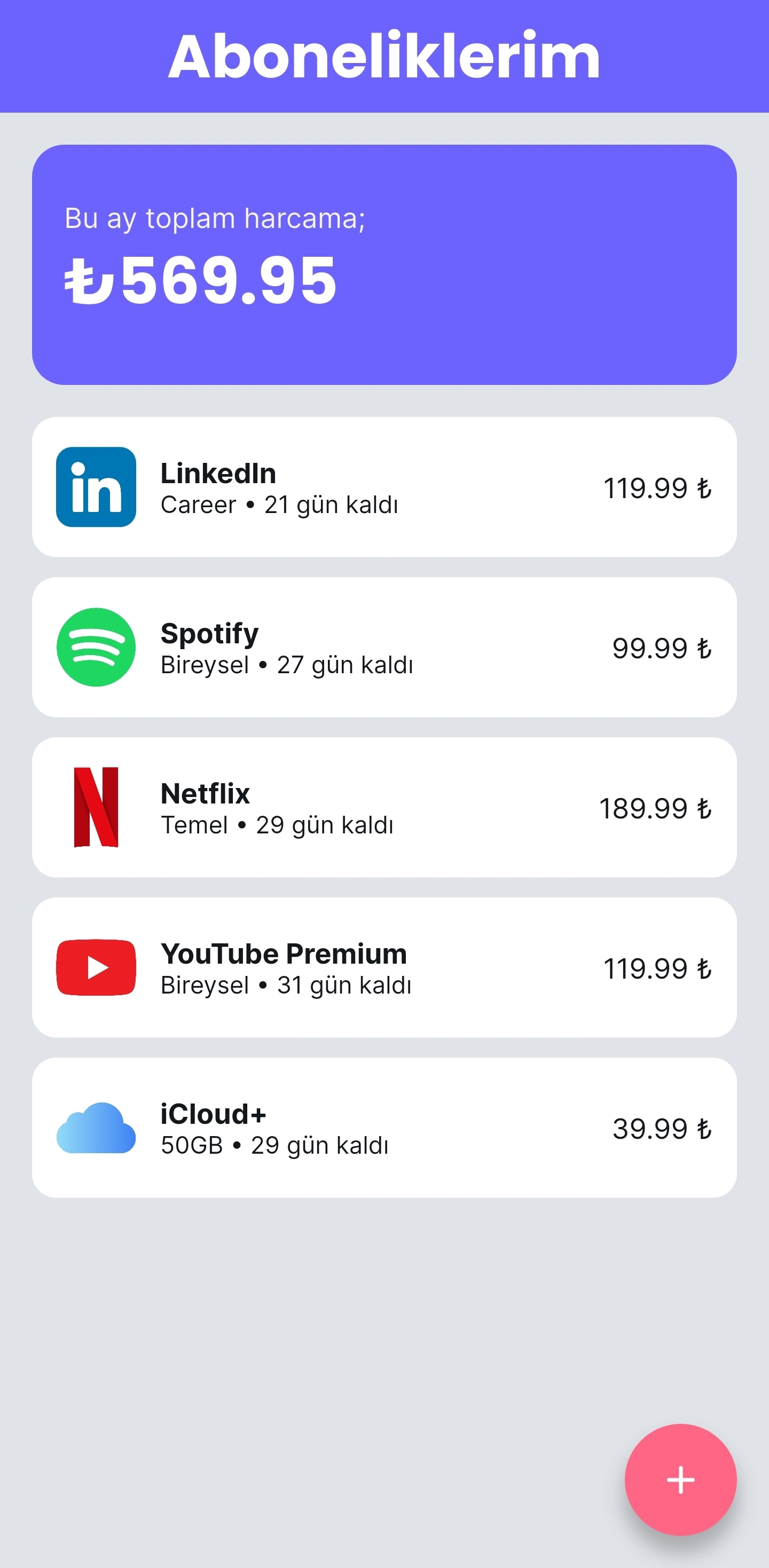 Abonik — Aboneliklerim ekranı